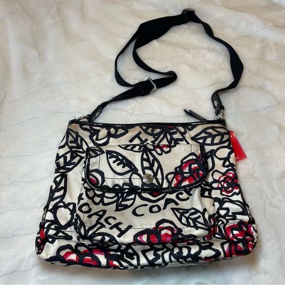 Coach Handbags - Coach Satin Poppy Black White Red Shoulder Crossbody Bag Adjustable Straps